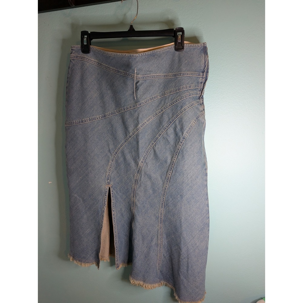 Anthropologie Pilcro Denim‎ Midi Skirt Asymmetrical Raw Hem Light Wash Size 12